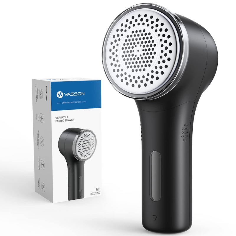 شفاط الأقمشة VASSON لإزالة الوبر، جهاز كهربائي قابل لإعادة الشحن لإزالة الوبر والكرات من الملابس والأثاث والبياضات باللون الأسود